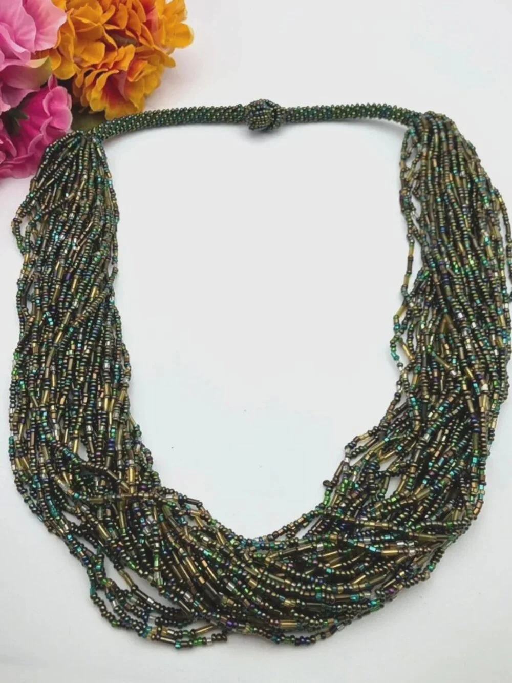 Artisan 36 Strand Peacock Green Seed Bead Torsade Necklace 24 In Toggle Clasp